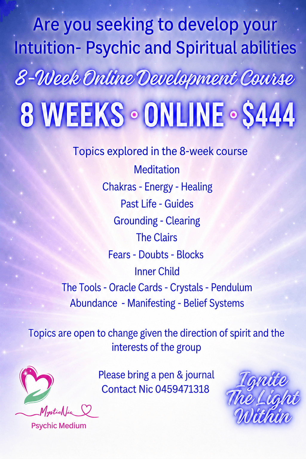 Mystic Nic 8-week online psychic and spiritual development course flyer