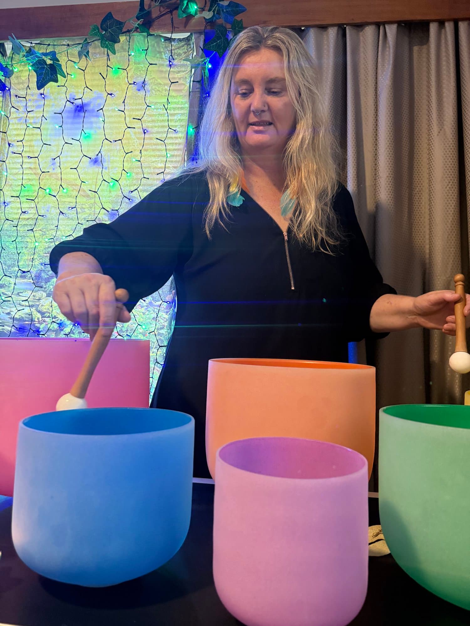 Massage therapist Nicole Morice with sound bowls at her Riverside practice near Launceston